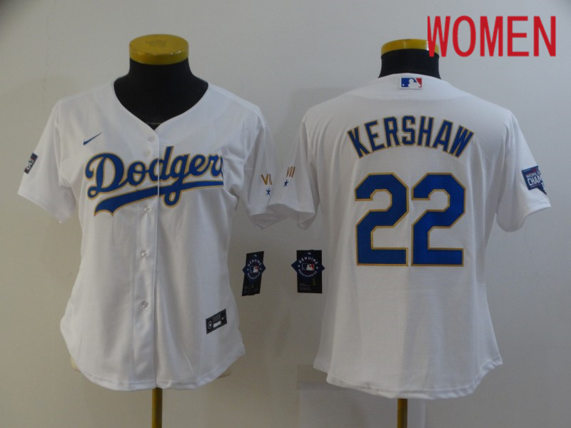 Women Los Angeles Dodgers 22 Kershaw White Game 2021 Nike MLB Jersey1